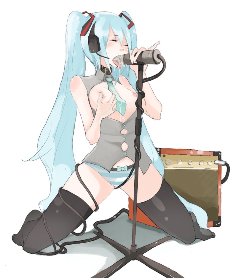 amplifier blue_hair breast_grab breasts closed_eyes collar fellatio hatsune_miku highres licking long_hair masturbation microphone microphone_stand necktie nipples open_clothes open_shirt oral panties penis saliva sexually_suggestive shirt striped striped_panties tansuke thighhighs tied_hair tongue twintails underwear vocaloid zettai_ryouiki