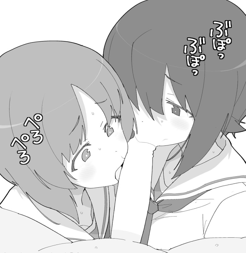 1boy 2girls commentary_request fellatio girls_und_panzer glansjob henyaan_(oreizm) highres licking licking_penis medium_hair multiple_girls nishizumi_maho nishizumi_miho ooarai_school_uniform oral penis pov school_uniform serafuku simple_background straight white_background