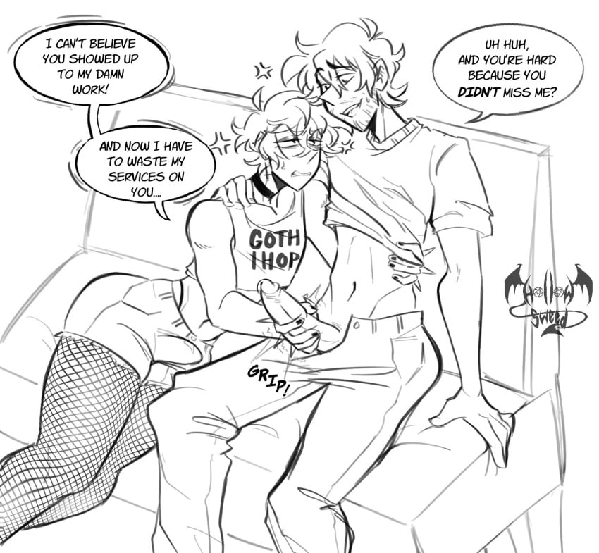 annoyed black_and_white blush clothed_sex cum dialogue emo facial_hair femboy fishnets gay gay_sex goth handjob hollow_sweed jerking lazarus_(hollow_sweed) male male_only oc penis precum prostitution restaurant skinny sweat teasing yaoi