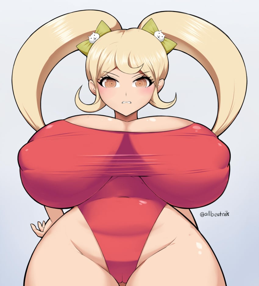 1girls allbeatnik artist_signature big_breasts blonde_female brat bratty breasts danganronpa danganronpa_2:_goodbye_despair embarrassed hands_on_hips one-piece_swimsuit saionji_hiyoko shortstack sole_female tagme thick_hips thick_legs thick_thighs thighhighs thighs twintails wide_ass wide_hips wide_thighs yellow_eyes