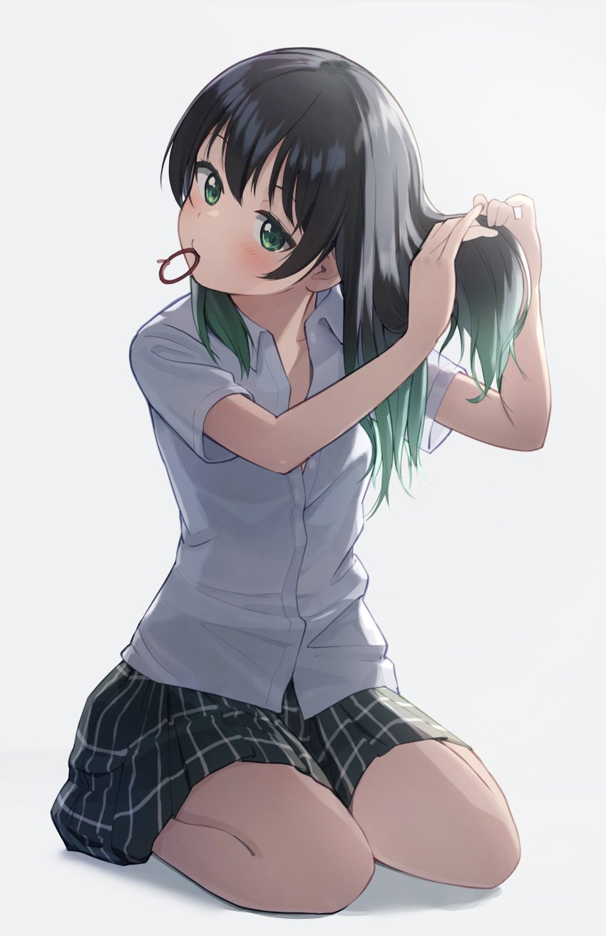 black_hair black_skirt blush collared_shirt commentary female gradient_hair green_eyes green_hair hair_down hair_tie hair_tie_in_mouth highres looking_at_viewer love_live! love_live!_nijigasaki_high_school_idol_club medium_hair miniskirt mouth_hold multicolored_hair plaid_clothes plaid_skirt pleated_skirt school_uniform seiza short_sleeves sidelighting simple_background sitting skirt solo summer_uniform takasaki_yuu tata_(tataice) two_tone_hair tying_hair white_background white_shirt