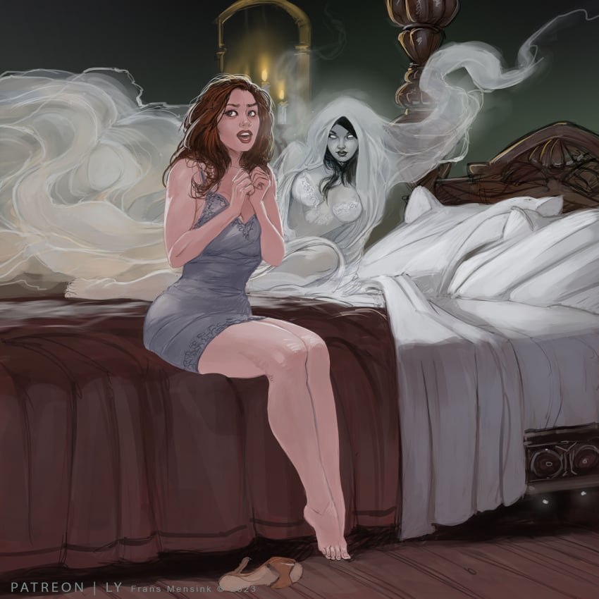 2girls bed female_focus frans_mensink ghost implied_yuri lingerie sleepwear spooky tagme