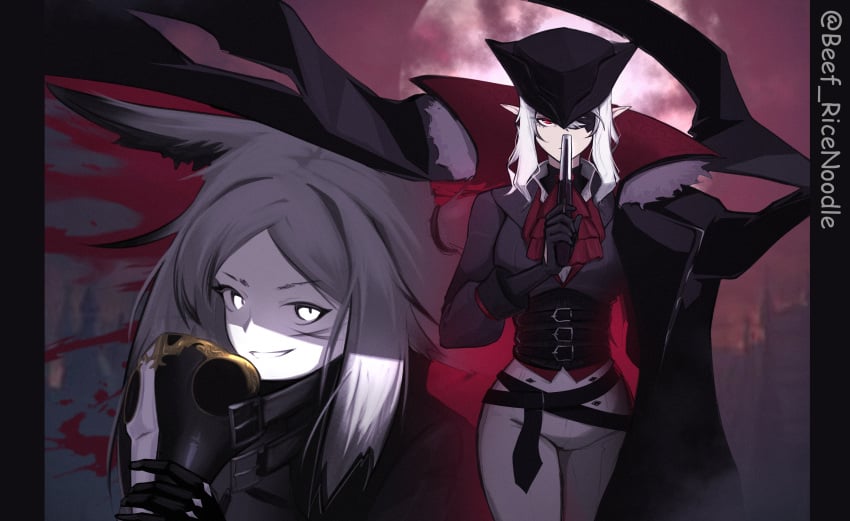 animal_ears belt black_gloves black_headwear breasts cape dya_rikku_(vtuber) female fur_trim geega gloves grin hat holding long_hair long_sleeves looking_at_viewer multiple_girls pants red_eyes smile smoke virtual_youtuber vyugen weapon white_hair