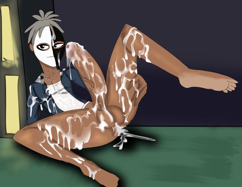 balls celebrity cum cum_in_ass cum_on_balls cum_on_body cum_on_chest cum_on_clothes cum_on_penis grey_hair jean_jacket male_only masked_xxxtentacion penis rapper real_person xxxtentacion