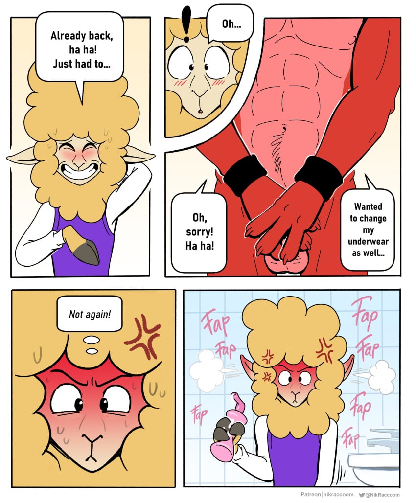 abs absurd_res al_(nik159) alpaca angry anthro balls blush bodily_fluids bottle bottomwear camelid clothed clothing comic container covering covering_crotch covering_self cross-popping_vein dialogue digital_media_(artwork) dragon duo english_text fur genitals hair hi_res holding_bottle holding_container holding_object humor male male/male mammal masturbation muscular muscular_male mythological_creature mythological_scalie mythology navel nikraccoom nude pecs scalie smile speech_bubble standing sweat sweatdrop text topwear wool_(fur)