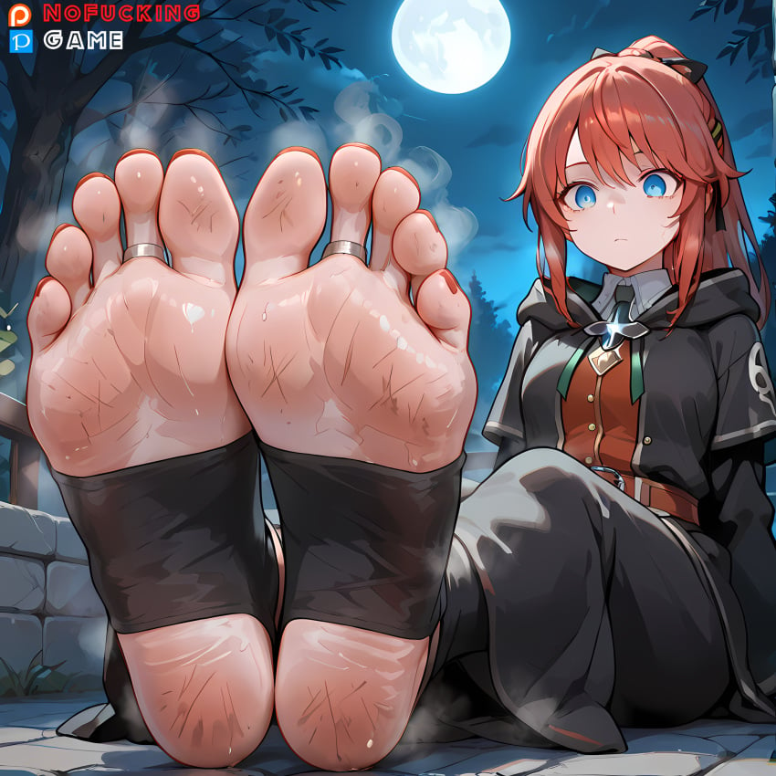 1:1_aspect_ratio ai-created ai_generated bangs barefoot belt blue_eyes blush bodily_fluids breasts closed_mouth clothing dirty dirty_feet feet female female_only foot_fetish foot_focus footwear_removed foreshortening full_moon hair_between_eyes hair_ornament high_resolution hood jacket jewelry legs legwear long_hair long_sleeves looking_at_viewer moon nail_polish necktie night night_sky no_shoes nofuckinggame outdoors ponytail pov_feet re:zero_kara_hajimeru_isekai_seikatsu red_hair red_nails shirt sitting sky smell soles solo stirrup_legwear sweat theresia_van_astrea tied_hair toe_ring toeless_legwear toenail_polish toenails toes