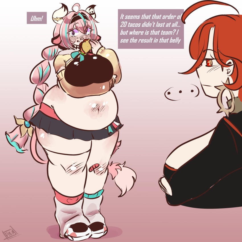 2females 2girls bbw belly belly_button breasts chubby chubby_female comic exposed_belly exposed_belly_button exposed_fat_belly fat fat_female fat_girl fat_woman female female_focus female_only genshin_impact hoyoverse light-skinned_female light_skin mavuika_(genshin_impact) mihoyo mihoyo_technology_(shanghai)_co._ltd. natlan_girls pandoracoffe pink_hair pink_hair_female standing taco text varesa_(genshin_impact) weight_gain weight_gain_female