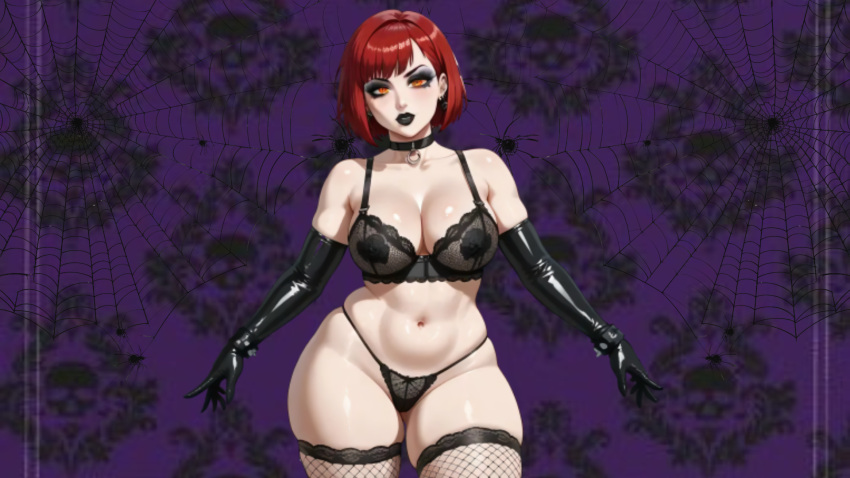 ai_generated female goth_girl lace_bra orange_eyes original_character red_hair short_hair thong wallpaper