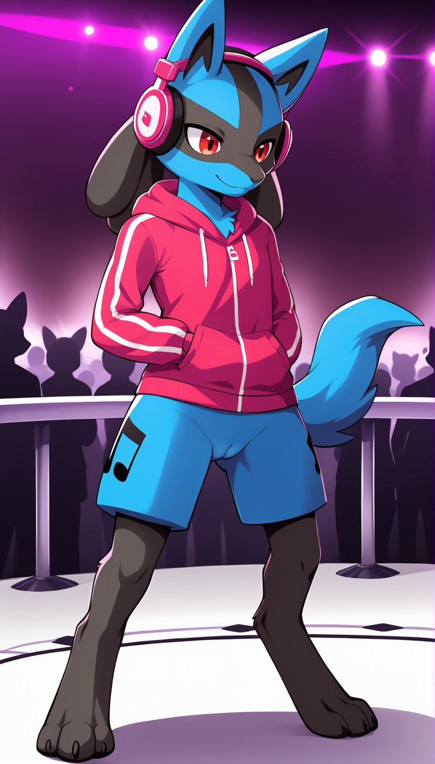 1girls 2025 ai_generated anthro black_fur blue_fur bottomless bottomless_female club crowd digitigrade dj female female_only generation_4_pokemon headphones hi_res hoodie indoors innie_pussy lucario neon_lights nintendo pokemon pokemon_(species) pussy red_eyes smile