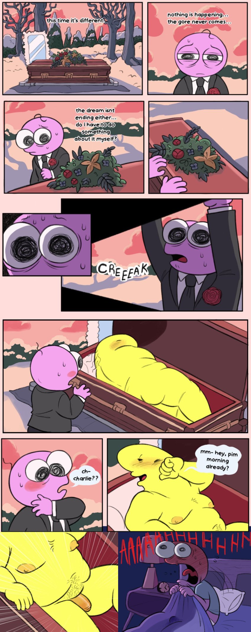 adult_swim bed blush blush_lines boner casket charlie_(smiling_friends) charpim coffin comic dream dream_sequence dreaming erection erection_under_blanket fat fat_male flaccid flaccid_penis funeral gay ickystickypink male male_only naked naked_male nervous nudity penis pim_(smiling_friends) precum precum_through_sheets screaming smiling_friends waking_up wet_dream yaoi