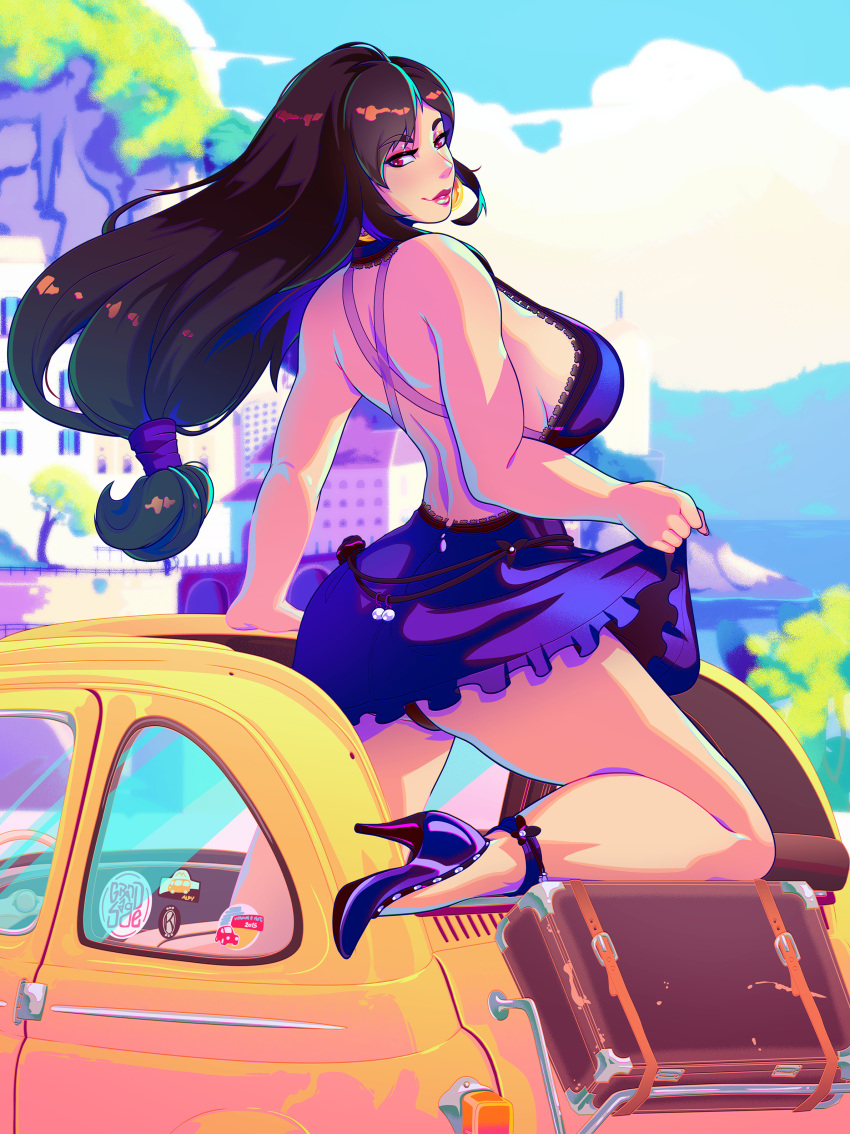 1girls absurd_res black_hair breasts car dress dress_lift female female_only final_fantasy final_fantasy_vii grand-sage hi_res high_heels large_breasts looking_back purple_dress red_eyes sideboob solo thighs tifa_lockhart