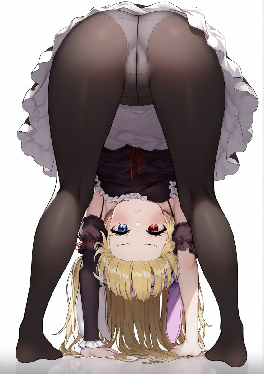 ai_generated all_fours ass ass ass_up bent_over clothing female full_body hasegawa_kobato looking_at_viewer looking_through_legs panties panties_under_pantyhose solo