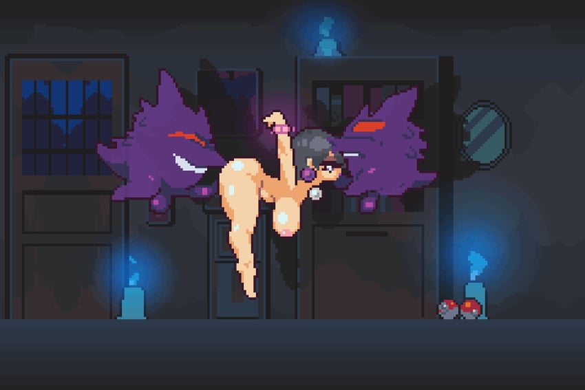 animated double_penetration gengar hex_maniac pixel_art pixelpanzone pokemon pokephilia spitroast suspended_double_penetration suspended_in_midair suspended_spitroast