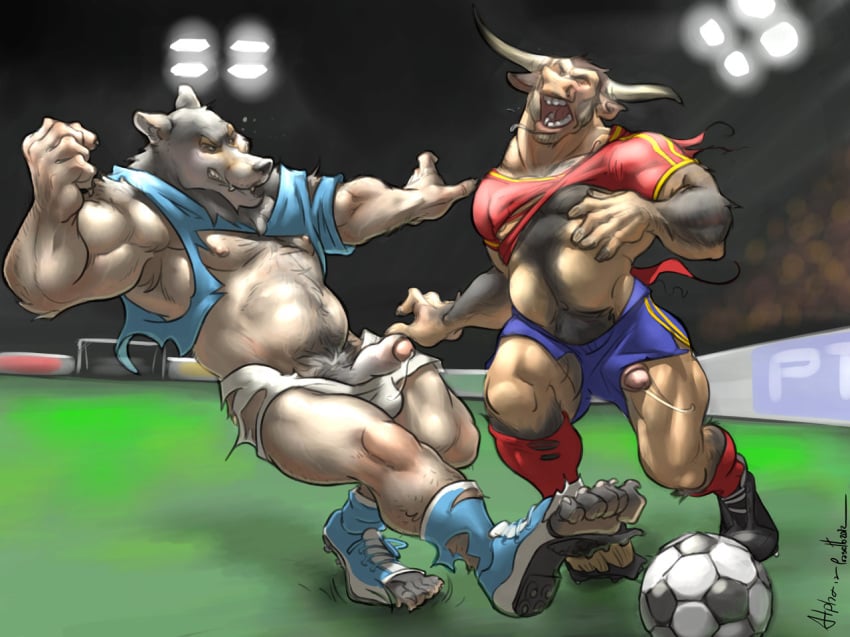 2boys alpha0 athletics bear biceps black_nose bovine clenched_teeth cum cumshot furry furry_only gay grin horn male male_only muscles nipples no_humans open_mouth orgasm overweight pecs penis soccer sprts transformation treasure_trail uncut yaoi