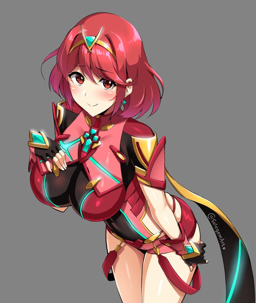 1girls 2021 bare_thighs big_breasts breasts looking_at_viewer nintendo pyra red_eyes red_hair short_hair short_red_hair sole_gem solegemart solo solo_female tagme twitter_username xenoblade_(series) xenoblade_chronicles_2