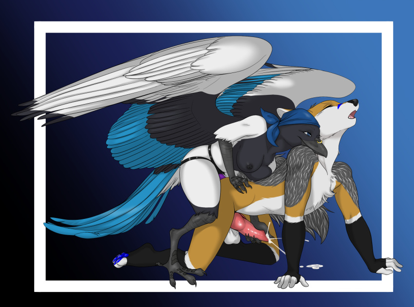 4_toes all_fours anal anal_sex animal_genitalia anthro ass avian balls beak bird black_body black_feathers black_feet black_fur blue_body blue_eyes blue_feathers blue_fur blue_pawpads bodily_fluids breasts canid canine canis claws closed_eyes cum cumshot digital_media_(artwork) dildo doggy_style duo ejaculation erection feathered_wings feathers feet female female_penetrating female_penetrating_male from_behind_position fur genital_fluids genitals grey_body grey_fur hair hi_res jackal looking_pleasured male male/female male_penetrated mammal multicolored_body nequamars nipples nude open_mouth pawpads paws pegging penetration penis pleasured reach_around saggy_balls selix sex sex_toy simple_background smile strap-on strapon tan_body tan_fur toes tongue toying_partner white_body white_feathers white_fur wings