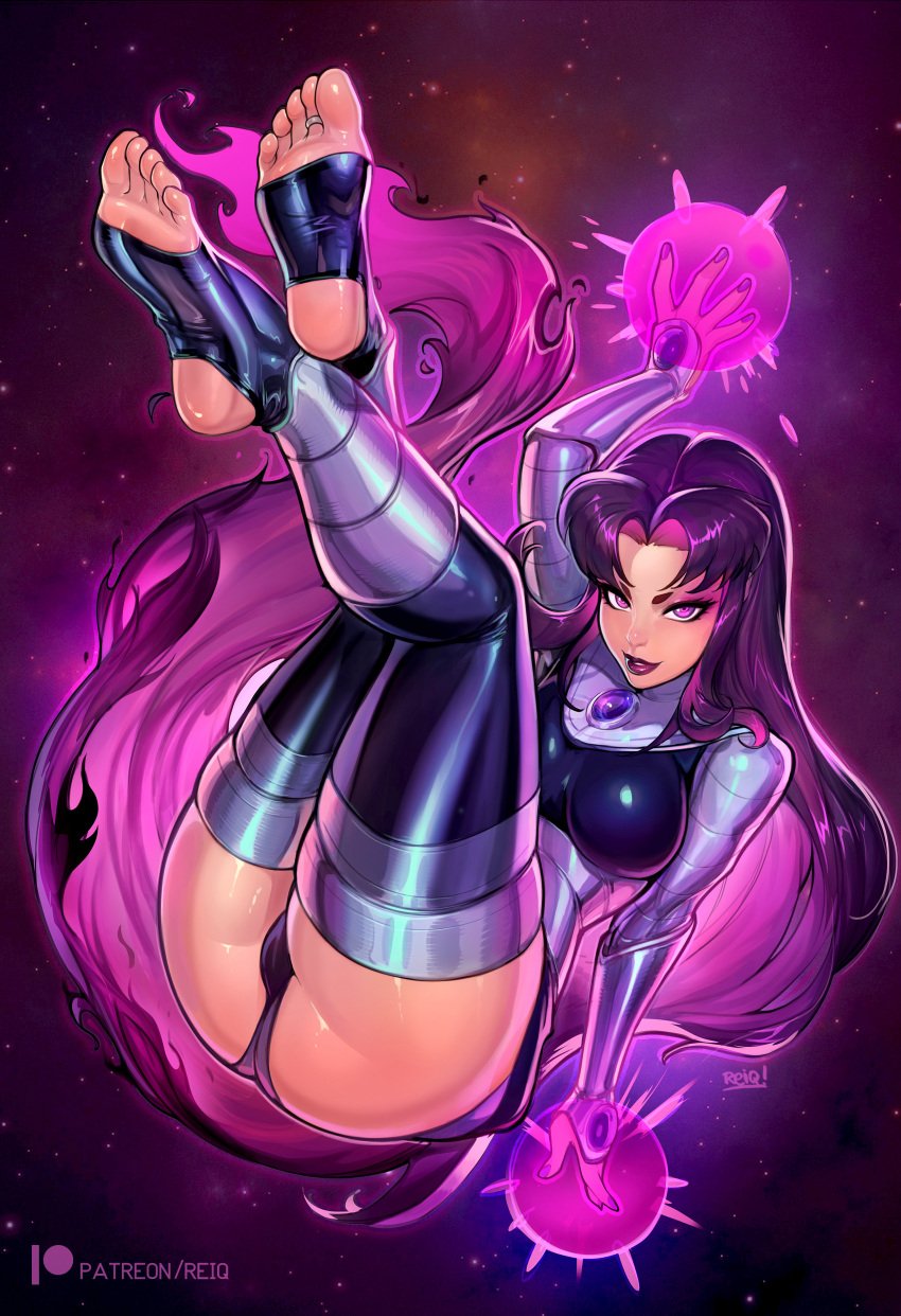 1girls absurd_res ass barefoot blackfire breasts dc dc_comics feet female female_only hi_res komand'r legs legs_up lipstick long_hair looking_at_viewer nail_polish panties purple_eyes purple_hair reiq smile soles solo stirrup_legwear teen_titans thick_thighs thighs toe_ring toeless_legwear toes