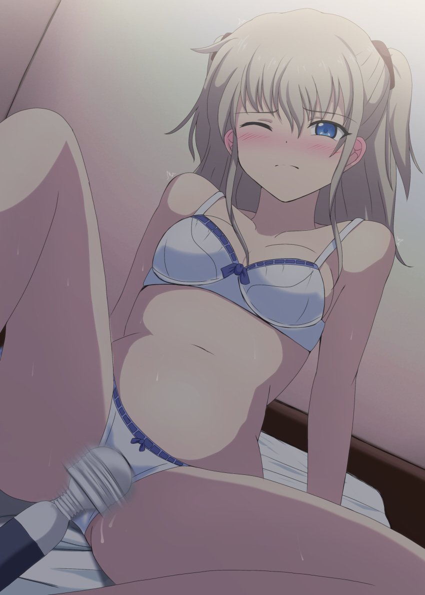 ;( absurdres bed_sheet black_scrunchie blue_eyes blush bra breasts charlotte_(anime) cleavage collarbone female hair_ornament hair_scrunchie half-closed_eyes highres lelie_link long_hair masturbation matching_underwear motion_blur navel on_bed panties scrunchie silver_hair sitting small_breasts solo spread_legs tomori_nao twintails underwear underwear_only white_bra white_panties