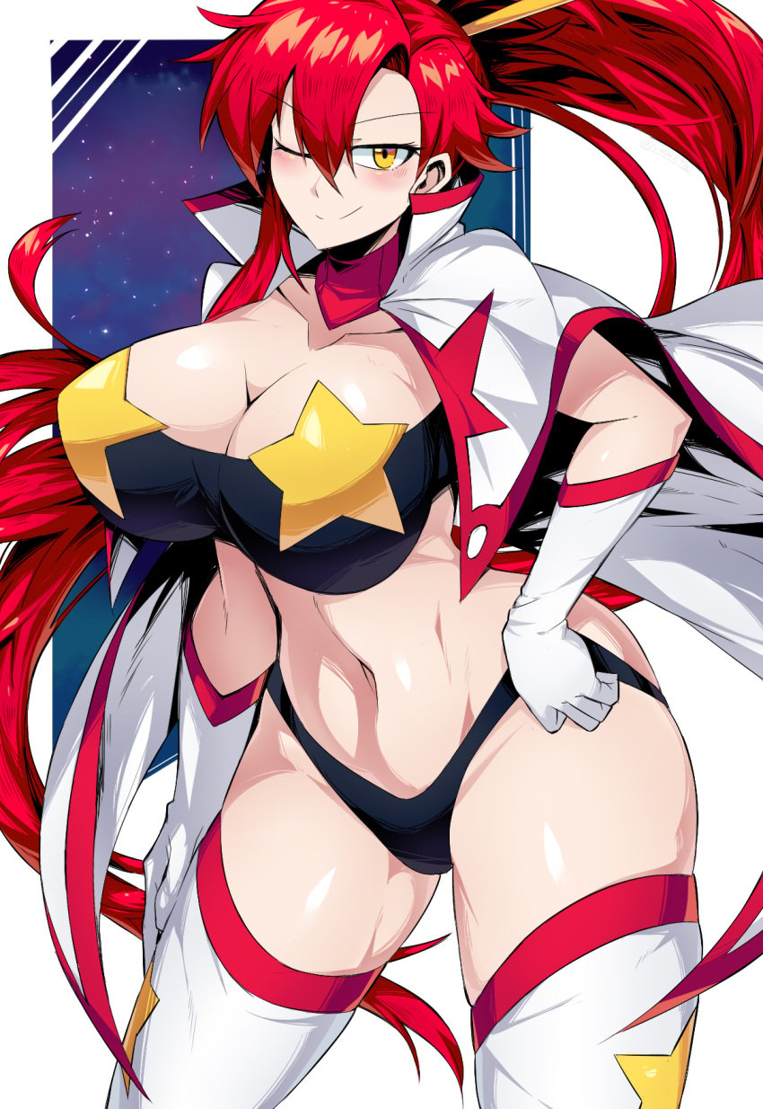 1girls alternate_costume bare_midriff bare_thighs belly_button big_breasts blush breasts cape choker cleavage collarbone eyebrows_visible_through_hair eyelashes female female_only gloves hair_ornament huge_breasts large_breasts long_hair looking_at_viewer no_eyewear one_eye_closed ponytail red_hair smile solo solo_female space_yoko standing suzusiigasuki tengen_toppa_gurren_lagann thick_thighs tied_hair tubetop white_gloves white_legwear wink yellow_eyes yoko_littner