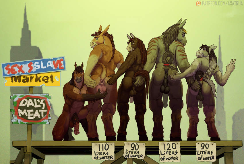 5boys anal anthro anus asatrua asinus bodily_fluids cum cum_drip donkey dripping equid equine furry gaping gay genital_fluids group hi_res horse male male/male male_focus male_only mammal musclegut muscular pose presenting slave slave_auction slave_market yaoi