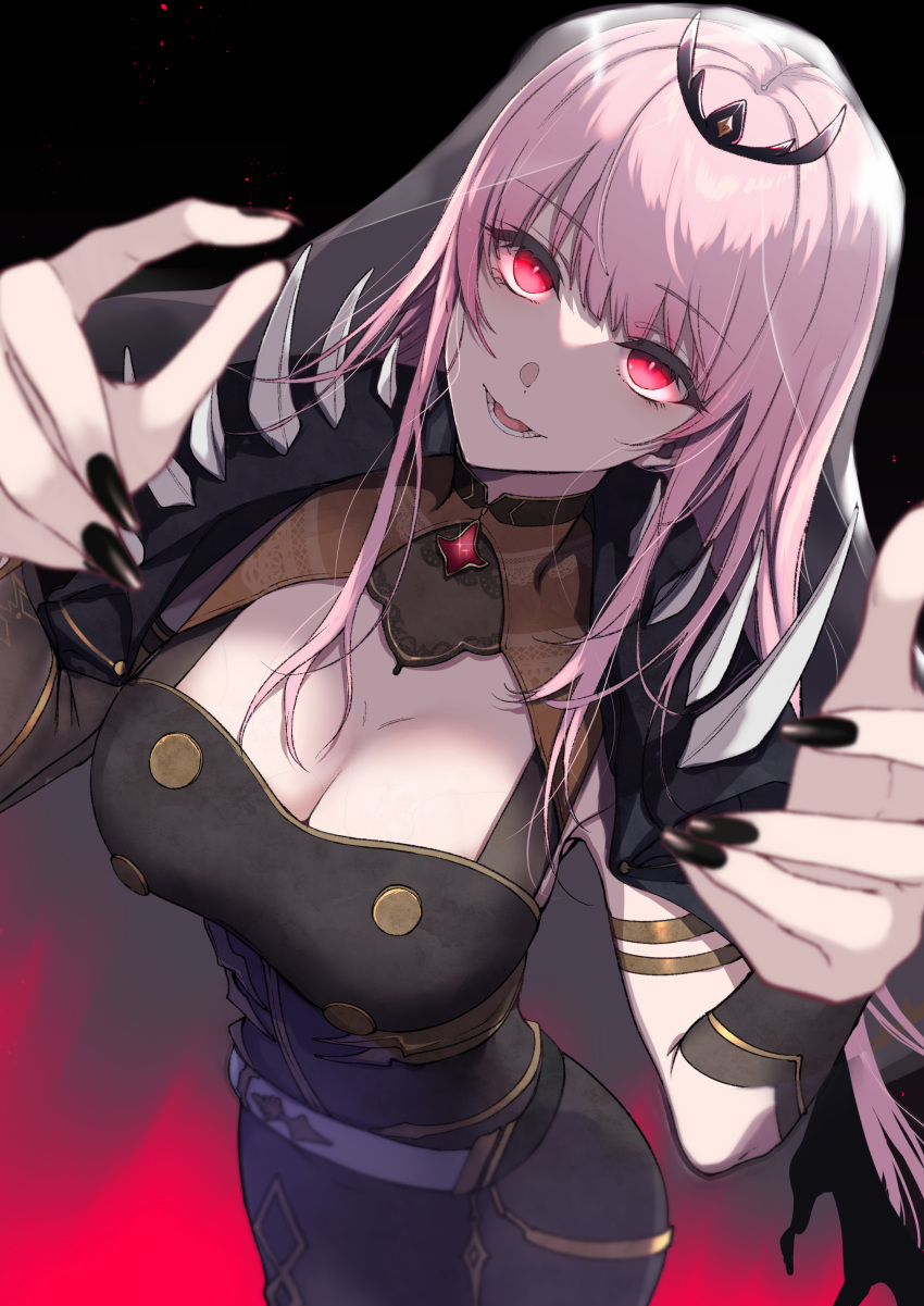 big_breasts black_clothing black_hair cleavage cleavage_cutout female hololive hololive_english hololive_myth looking_at_viewer mori_calliope pink_hair pochi_(pochi-goya) red_eyes sharp_nails solo spikes tagme veil virtual_youtuber wide_hips