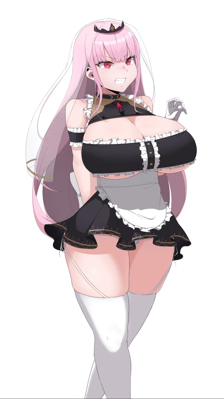 absolute_territory angry b1ackgoldsaw big_breasts cleavage_cutout fangs female flustered hololive hololive_english hololive_myth long_hair maid_uniform mori_calliope pink_hair red_eyes solo stockings tagme thick_thighs underboob_cutout veil virtual_youtuber white_background wide_hips