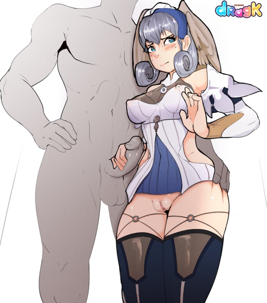 1boy 1girls artist_name blush clothed_female_nude_male dragk embarrassed exposed_pussy faceless_male grey_hair handjob headwings high_entia larger_male melia_antiqua mostly_clothed nervous nipples_visible_through_clothing penis pussy xenoblade_(series) xenoblade_chronicles