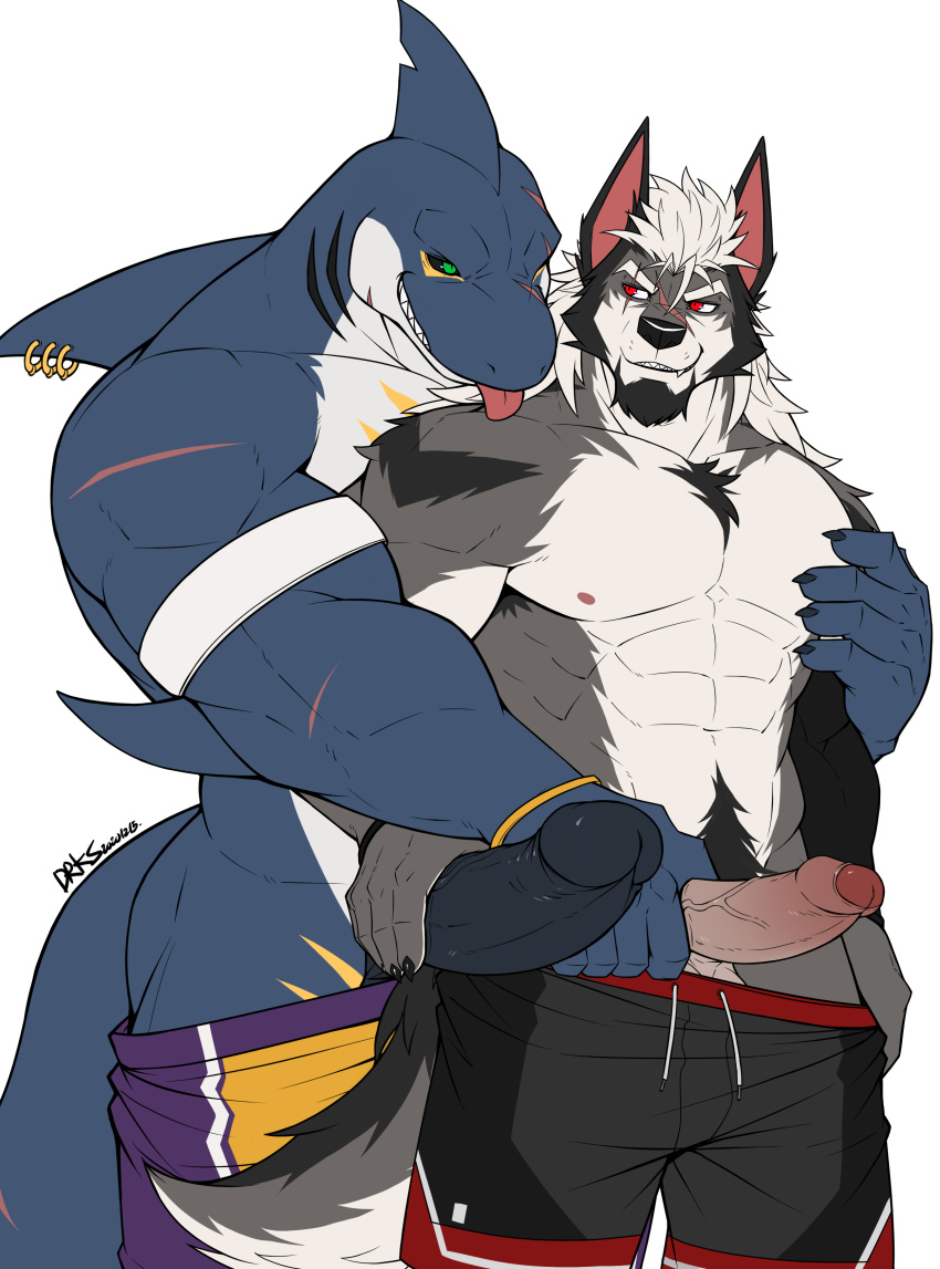 2boys abs absurd_res accessory anthro ballsack basketball_uniform beefy big_muscles body_fur body_hair canid canine canis chest_hair clothing drks drks_(drks) duo dylan_(alvintanubis) erect_penis erection fish foreskin fur genitals green_eyes hair_accessory hi_res humanoid_penis intact long_hair_male male male/male male_nipples male_on_male male_only male_pubic_hair mammal marine masculine mature_male muscular_anthro muscular_male mutual_masturbation pants_down partially_retracted_foreskin pecs penis pointy_ears pubes pubic red_eyes retracted_foreskin scrotum shark shirtless smooth_fur smooth_skinned_male sportswear tongue tongue_out topless uncut uniform veiny_penis wolf