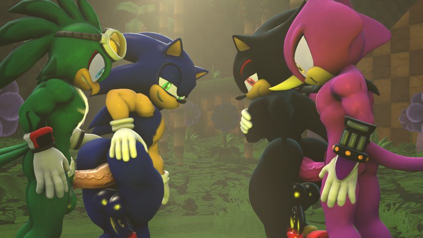 3d 3d_(artwork) anthro avian beak black_body black_hair blue_body blue_hair chameleon espio_the_chameleon gloves green_feathers hair hawk hedgehog horn jet_the_hawk penis purple_body reptile shadow_the_hedgehog sonic_(series) sonic_the_hedgehog twintailssfm yaoi