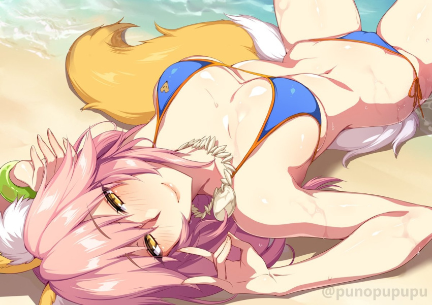 big_breasts bikini blush curvy fate/extra fate/grand_order fate_(series) fox fox_ears fox_girl fox_tail huge_breasts laying_back looking_at_viewer pink_hair punopupupu tamamo_no_mae_(fate) wide_hips yellow_eyes zeroshiki_kouichi