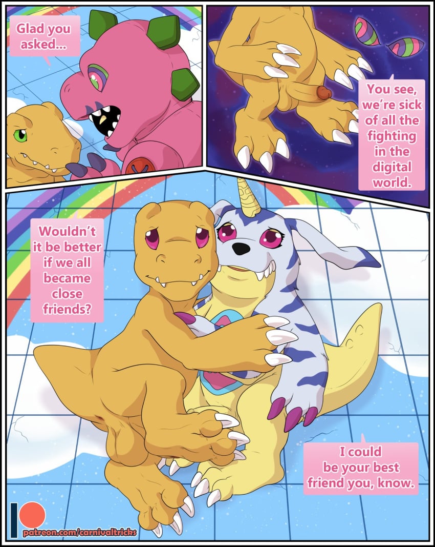 2021 3_claws 3_toes agumon animal_skin anthro anus balls biped claws clothing comic costume dialogue_box digimon digimon_(species) dinosaur disembodied_eyes english_text erection extyrannomon feet fursuit fursuiter gabumon genitals group hi_res humanoid_genitalia humanoid_penis hypnosis male male/male mind_control penis rainbow reptile scales scalie scared shadowpelt short_tail speech_bubble text text_box toes yellow_body yellow_scales