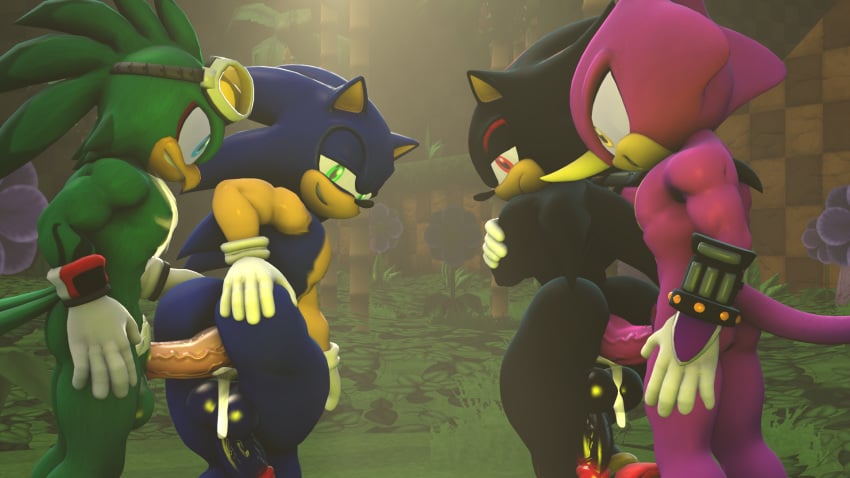 3d 3d_(artwork) anthro avian beak black_body black_hair blue_body blue_hair chameleon espio_the_chameleon gloves green_feathers hair hawk hedgehog horn jet_the_hawk penis purple_body reptile shadow_the_hedgehog sonic_(series) sonic_the_hedgehog twintailssfm yaoi