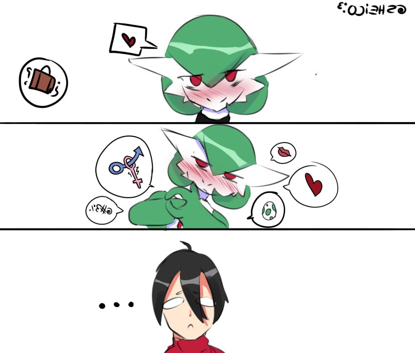 2022 ahoge anthro black_hair blush duo ellipsis empty_eyes eye_through_hair female gardevoir generation_3_pokemon gesture hair human humanoid impregnation_request male mammal nintendo pokemon pokemon_(species) raven_(sheico) red_eyes sex_gesture sheico shein_(sheico) signature simple_background suggestive suggestive_dialogue suggestive_gesture translucent translucent_hair white_background