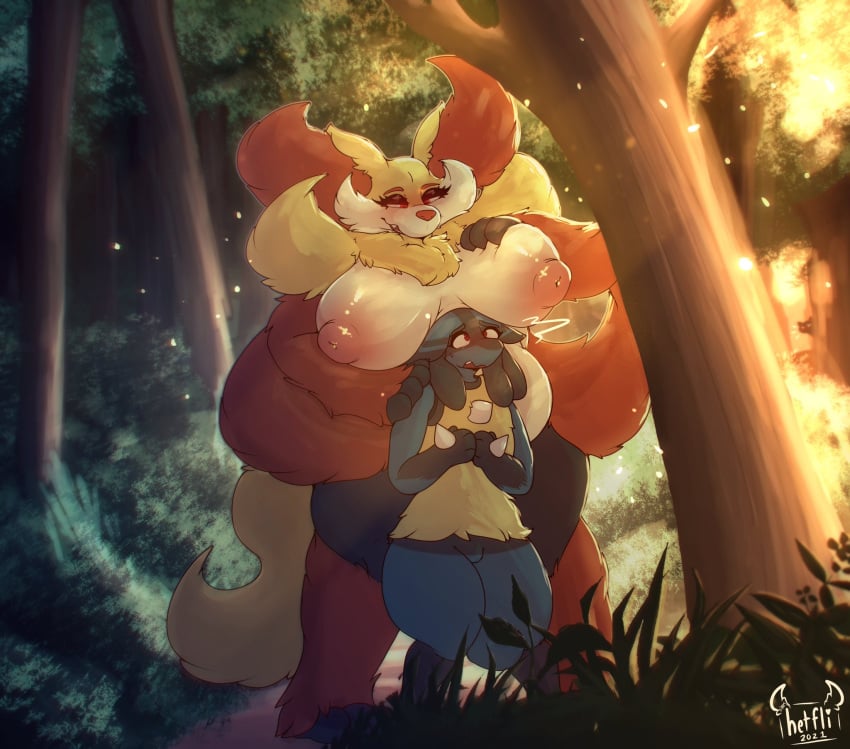 anthro blush boob_hat breast_grab breasts delphox duo female forest girly hand_on_breast hetfli hi_res light lucario male male/female nervous nintendo nipples plant pokemon pokemon_(species) seri_(hetfli) size_difference slightly_chubby sunlight tree video_games