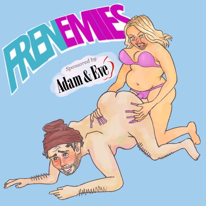 1boy 1girls beanie blonde_hair blue_background blue_eyes brown_headwear chubby_female doggy_style domination english_text ethan_klien french_nails frenemies full_body h3h3(character) h3h3_(character) hetero implied_anal implied_pegging kneeling long_hair pegging pink_bra pink_nails simple_background straight strap-on strapless_bra stubble trisha_paytas