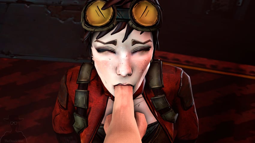 1boy 1girls 3d balls blowjob blush borderlands borderlands_2 cel_shading closed_eyes clothed clothed_sex cute deepthroat fellatio fingerless_gloves goggles goggles_on_head green_eyes just_the_tip kneeling looking_at_viewer patricia_tannis penis pov pov_eye_contact short_hair source_filmmaker straight submissive submissive_female theduudeman tomboy tongue_out unseen_male_face upper_body