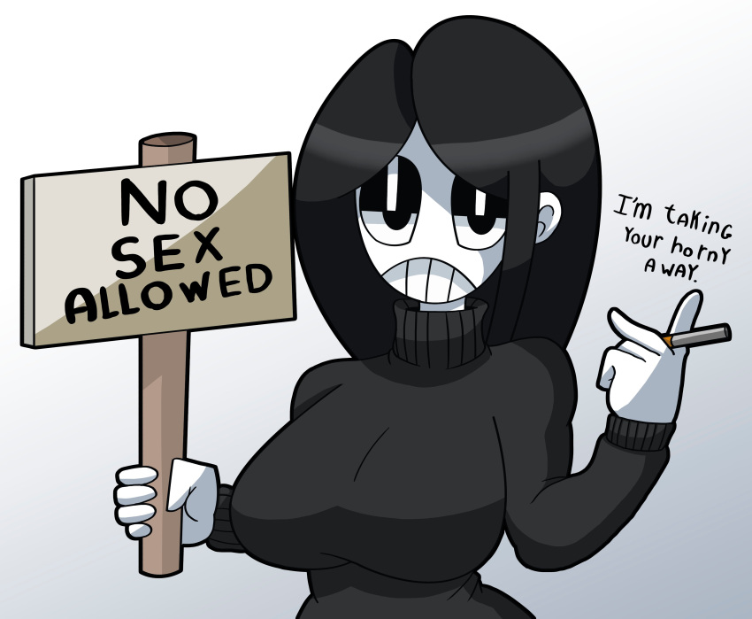 2021 big_breasts black_hair black_sweater blindstash breasts cigarette goth holding_sign long_hair looking_at_viewer sign speech sweater text unamused veronica_(saltynoodles) white_skin