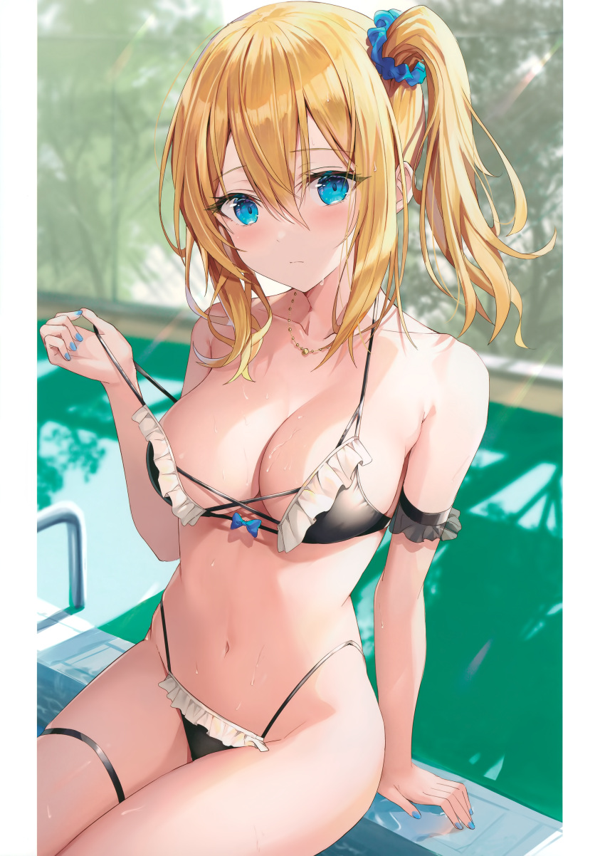 1girls alternate_version_available big_breasts bikini blonde_hair blue_eyes blush cleavage collar female_only gyaru hayasaka_ai kaguya-sama_wa_kokurasetai_~tensai-tachi_no_renai_zunousen~ looking_at_viewer pool rin_yuu solo sweat swimsuit water