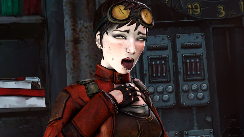 1girls 3d ahe_gao ahe_gao blush borderlands borderlands_2 cel_shading clothed dripping drooling fingerless_gloves goggles goggles_on_head green_eyes hand_on_chest patricia_tannis saliva saliva_drip short_hair source_filmmaker theduudeman tomboy tongue_out upper_body