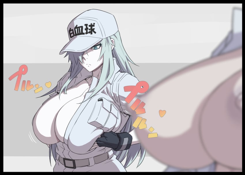 2girls baseball_cap belt black_gloves blurry blurry_foreground breasts cabbie_hat collared_shirt colored_skin female fingerless_gloves gloves grey_belt hair_over_one_eye hat hataraku_saibou hi_res huge_breasts long_hair looking_down mikoyan multiple_girls open_clothes open_shirt pale-skinned_female pale_skin shirt u-1196 white_background white_blood_cell_(hataraku_saibou) white_hair white_skin white_uniform