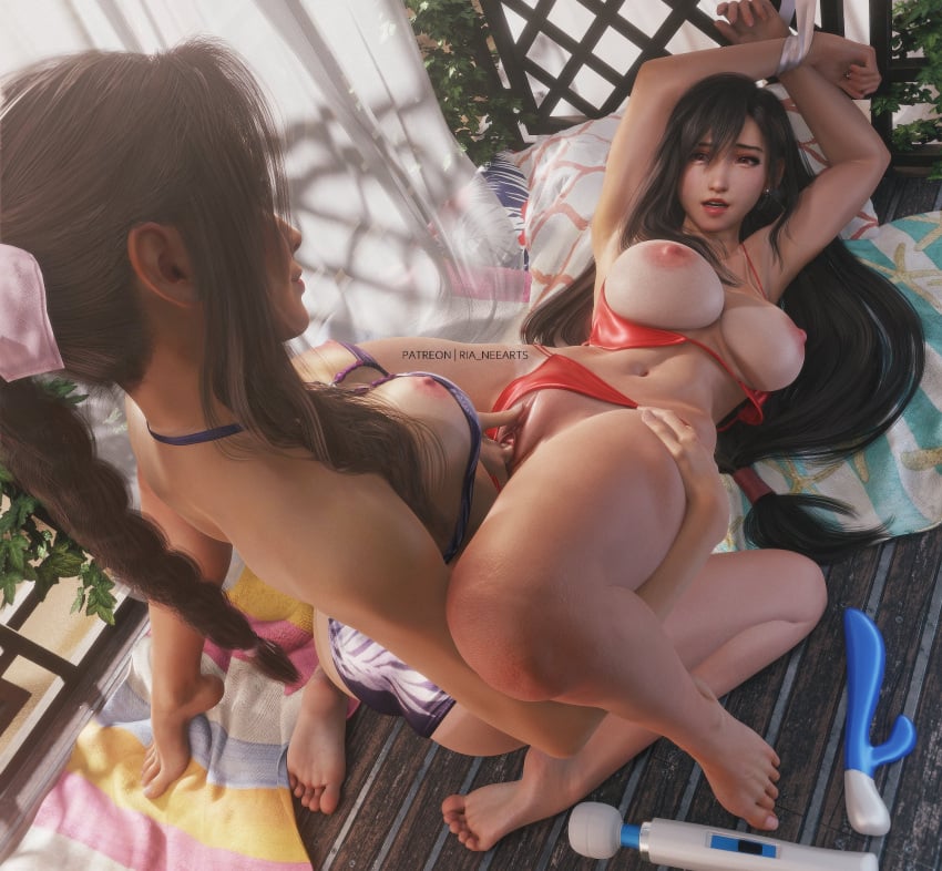 2girls 3d aerith_gainsborough arms_up artist_name bikini bikini_bottom_aside bikini_top_aside black_hair bound bound_arms braid braided_ponytail breasts brown_hair clothing_aside dildo drill_hair final_fantasy final_fantasy_vii final_fantasy_vii_remake fingering highres hitachi_magic_wand long_hair low-tied_long_hair multiple_girls navel nipples patreon_username pussy ria-neearts ria_(baka-neearts) sex_toy stomach swimsuit tifa_lockhart vibrator yuri