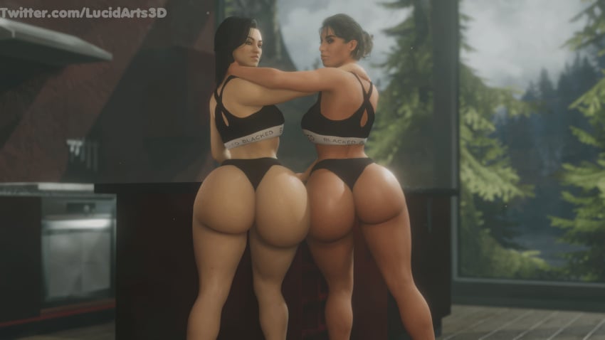 2girls 3d ashley_williams ass big_ass big_butt black_hair blacked blacked_clothing bra brown_hair female female_only huge_ass human human_only kitchen long_hair lucidarts3d mass_effect miranda_lawson photoshoot thong underwear