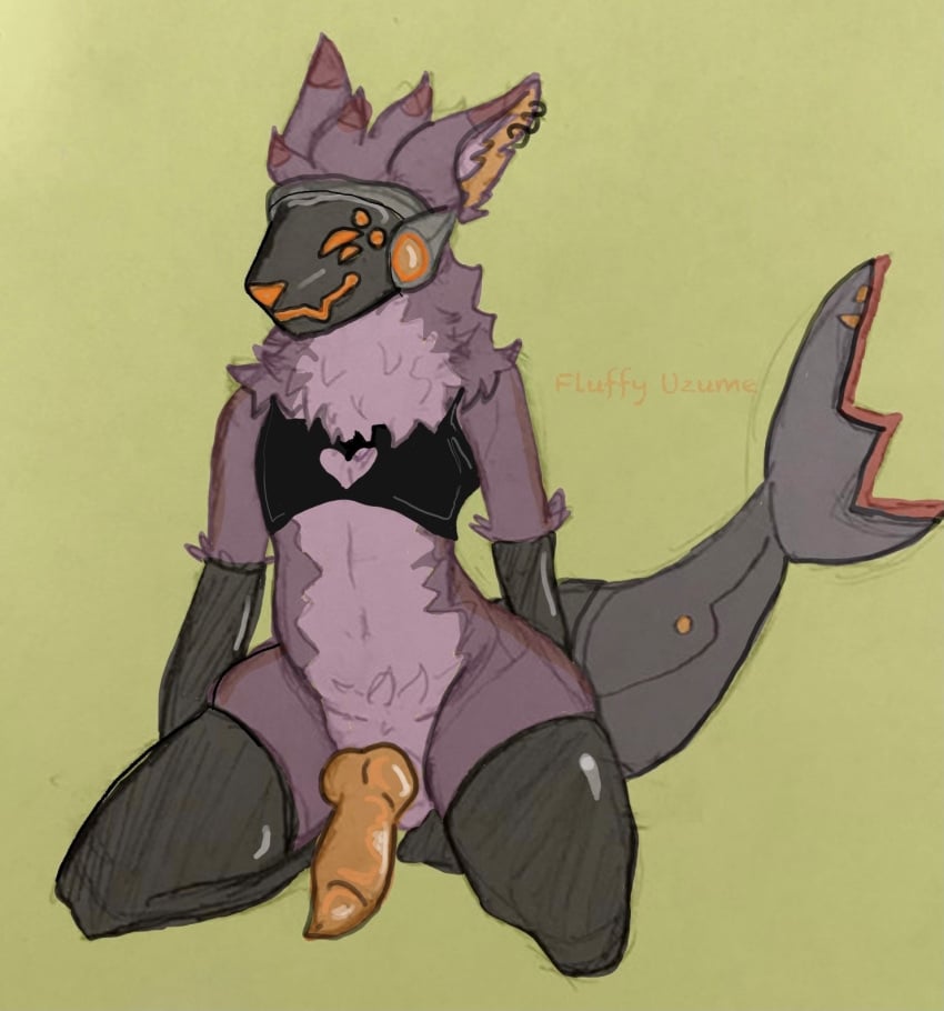 anthro armwear biscus clothed clothing crop_top crossdressing ear_piercing fluffy_uzume fur genitals girly hands_behind_back hi_res knot legwear looking_at_viewer machine male male_only orange_penis panties penis piercing pinup pose protogen purple_body purple_fur shark_tail shirt smile smirk solo thick_thighs thigh_highs topwear underwear visor