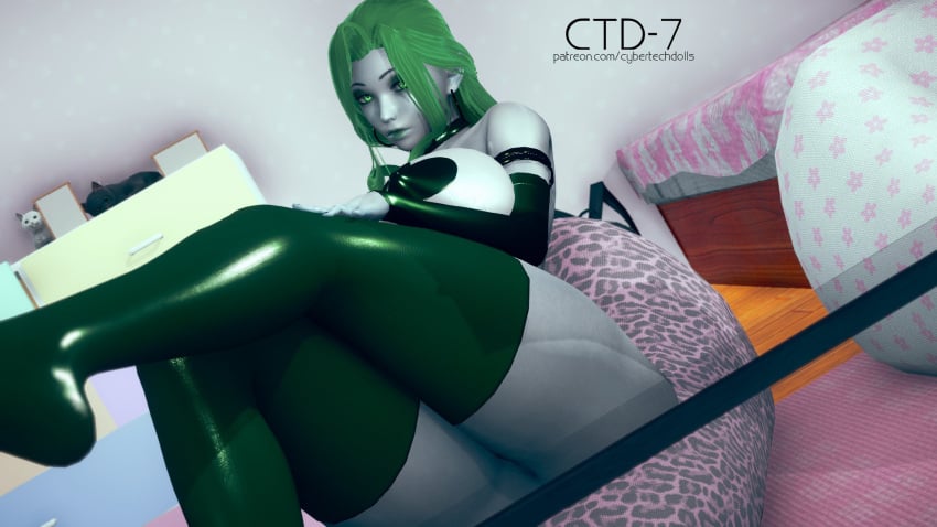 abs android collar cybertechdolls green_eyes green_hair grey_skin heart_pasties large_breasts latex_gloves latex_stockings sarah_(cybertechdolls)