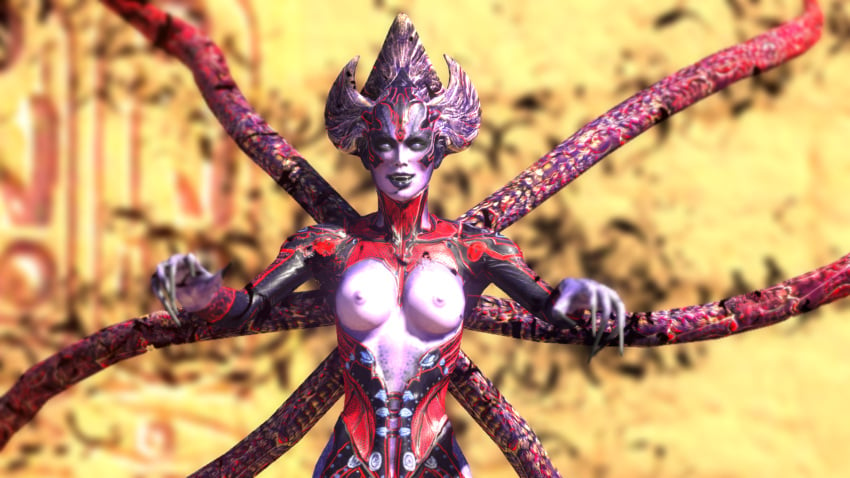 3d alien alien_girl big_breasts clothed erect_nipples female looking_at_viewer nipples purple_skin serious_sam smile smiling tentacle topless video_games witch-bride_of_achriman