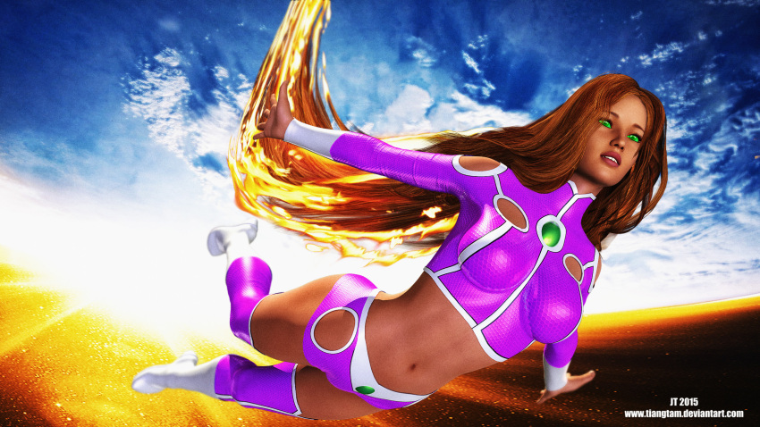 1girls 3d big_breasts boots breasts busty curvy dc dc_comics female female_only flat_heel_boots flying front_view koriand'r large_breasts leotard long_hair nipple_bulge nipples pinup purple_bodysuit purple_boots red_hair signature skintight solo starfire superheroine tamaranean teen_titans thick_ass thick_thighs thighs tiangtam white_boots