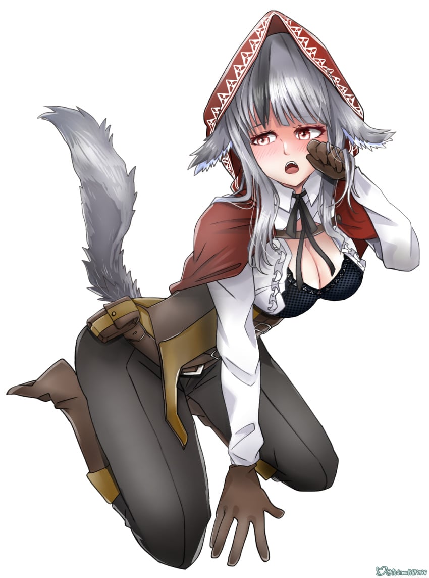 1girls big_breasts blush bra cleavage fire_emblem fire_emblem_fates gloves grey_hair hood kneeling long_hair monster_girl nintendo open_clothes open_mouth red_eyes solo toshimasa velouria velouria_(fire_emblem) white_background wolf_girl