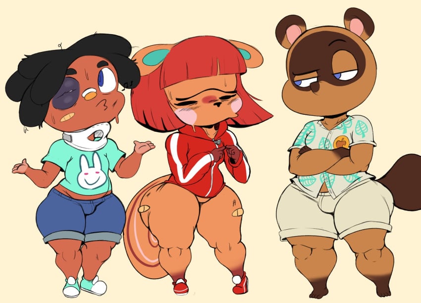 1girls 2021 2boys after_facesitting animal_crossing bandaid black_eye black_hair bottomless bottomless_female broken_neck cushion_(purple_yoshi_draws) dark-skinned_male dark_skin dreadlocks female funny hazel_(animal_crossing) human humor injury male nintendo oof purple_yoshi_draws red_hair shortstack squirrel tagme tanuki tom_nook unibrow villager_(animal_crossing)