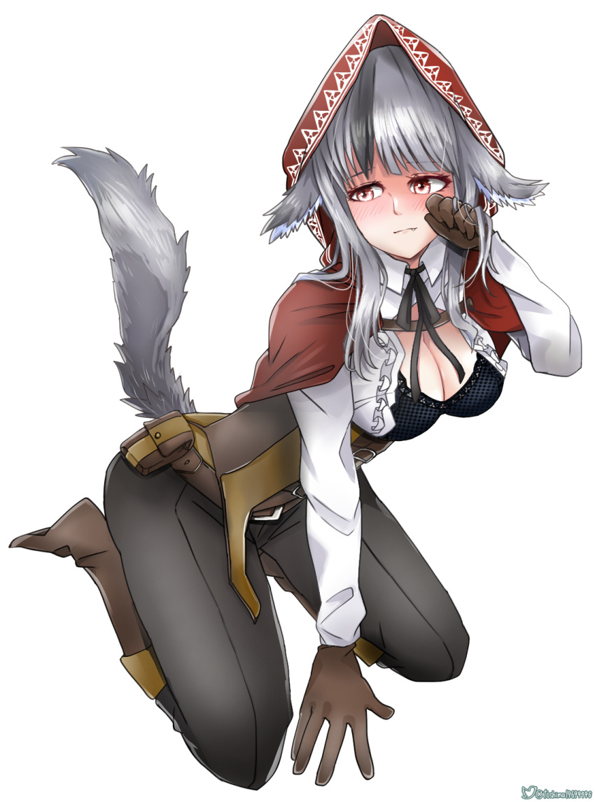 1girls big_breasts blush bra cleavage fire_emblem fire_emblem_fates gloves grey_hair hood kneeling long_hair monster_girl nintendo open_clothes red_eyes solo toshimasa velouria velouria_(fire_emblem) white_background wolf_girl