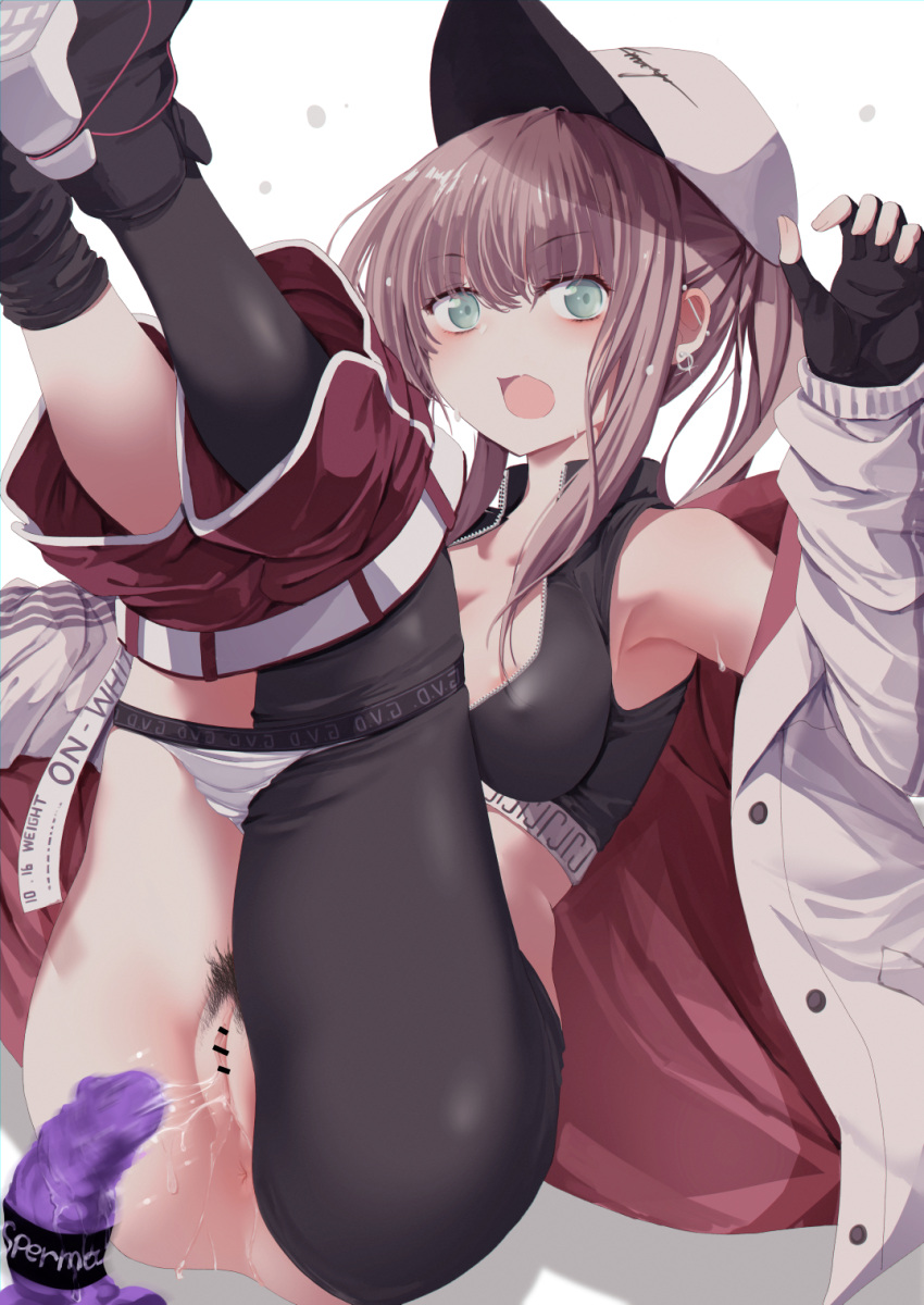 1girls after_insertion anus ar-57_(girls_frontline) bangs bar_censor black_legwear blue_eyes breasts censored covered_nipples crop_top dildo earrings eyebrows_visible_through_hair female female_pubic_hair fingerless_gloves girls'_frontline gloves hat highres jewelry legs_up long_hair long_sleeves looking_at_viewer mishima_hiroji open_mouth panties panty_pull pubic_hair pussy pussy_juice sex_toy shorts shorts_pull simple_background single_leg_pantyhose solo underwear white_background